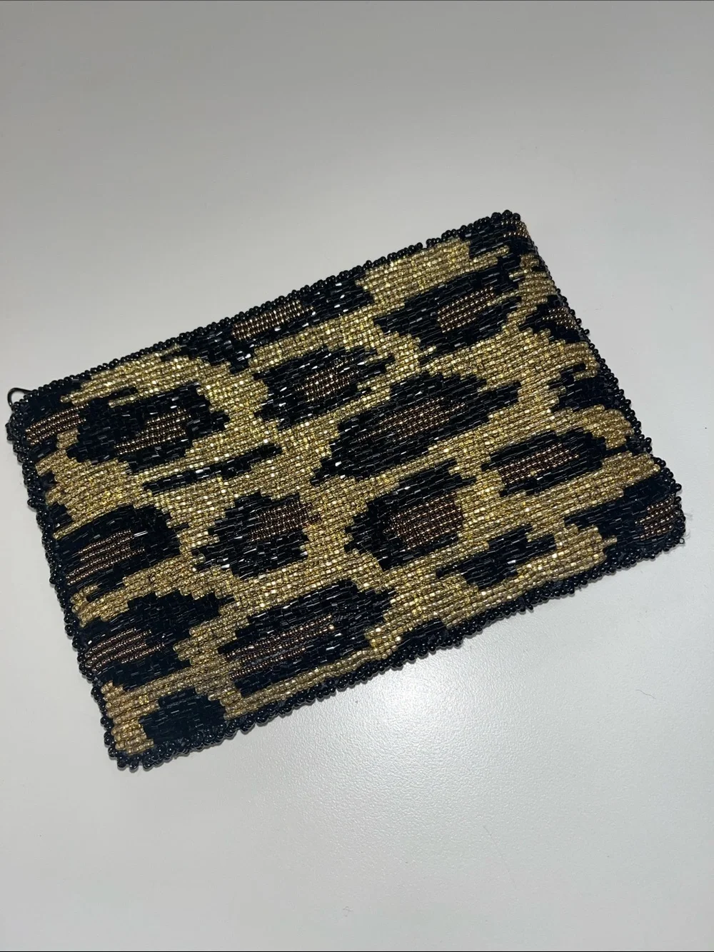 Source Unknown Gold, Black & Brown Beaded Leopard Clutch Evening Bag